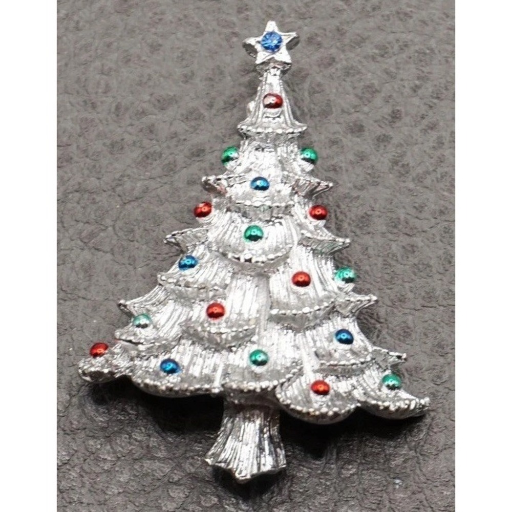 Vintage Christmas Tree Brooch Rhinestone Red Green Blue Silver Tone MCM Retro